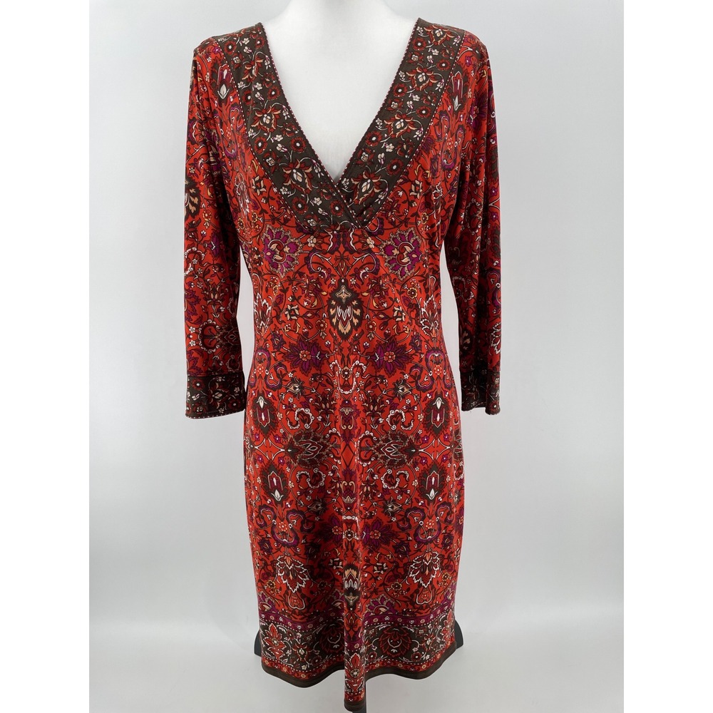 Max Studio Sheath Dress Womens Medium Rust Brown Paisley Floral Artsy Retro Boho